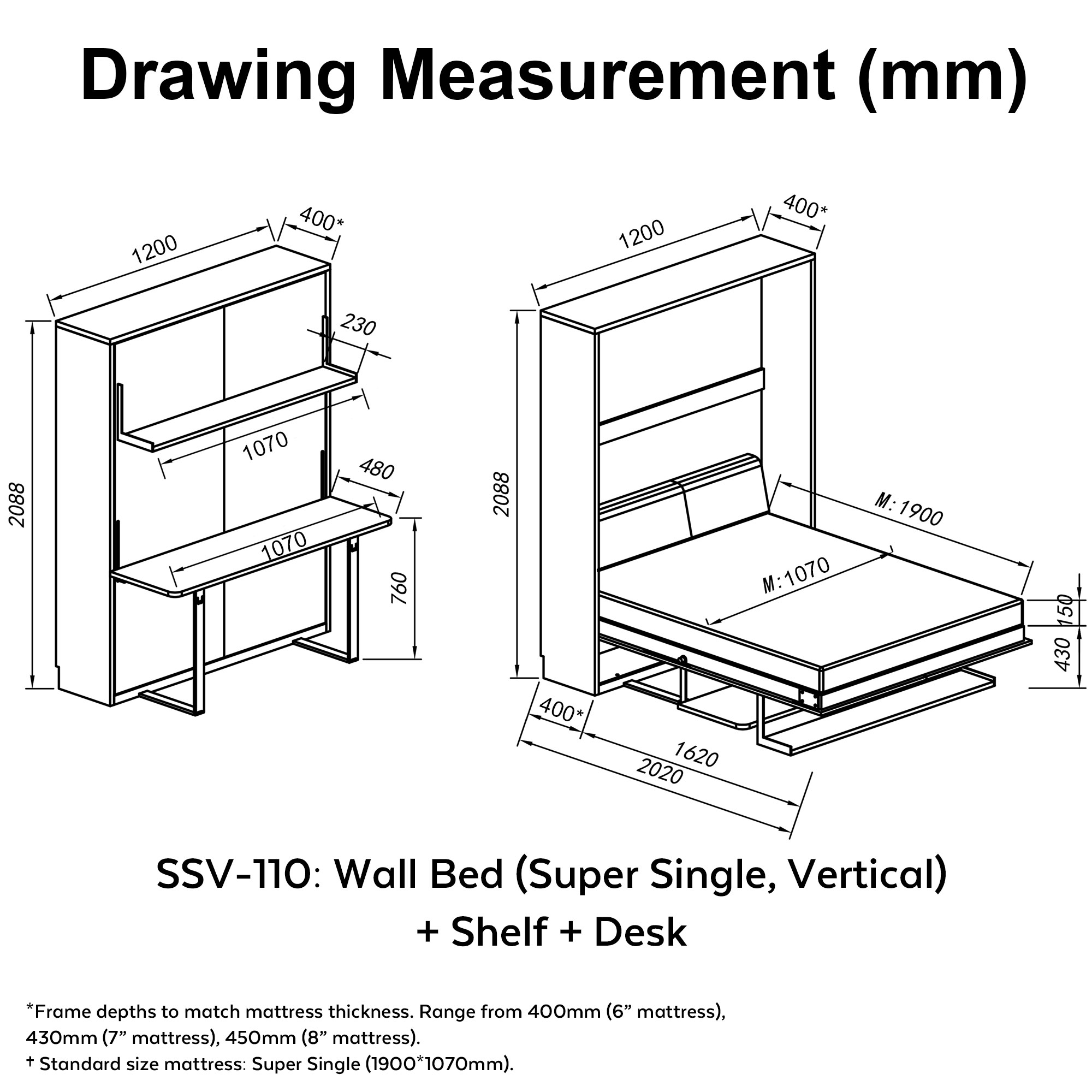 Shelf + Desk + Super Single Vertical Hidden Wall Bed, Space Saving